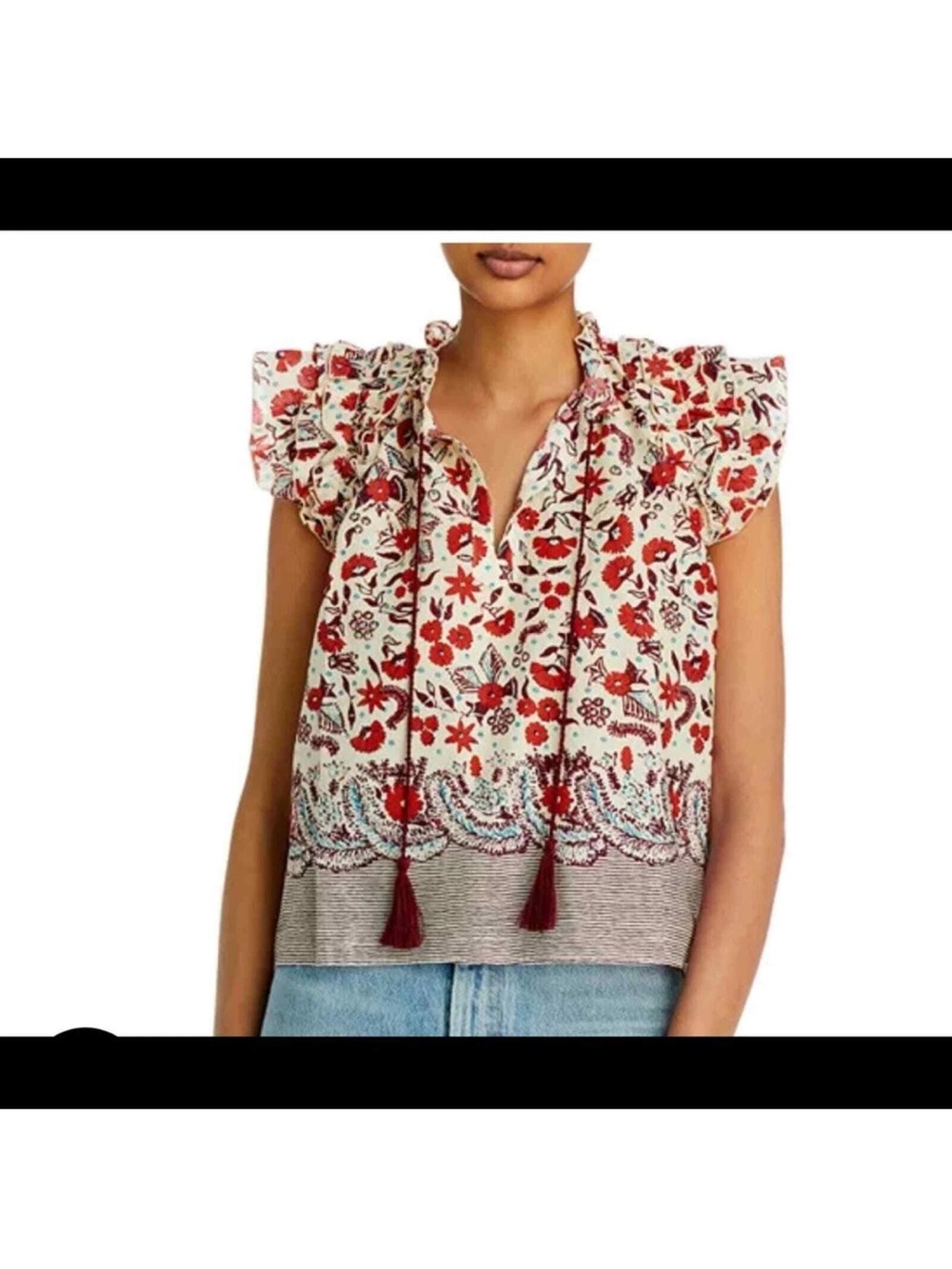 Kourt Flutter Sleeve Tassel Cotton Floral Peasant Top Size Medium